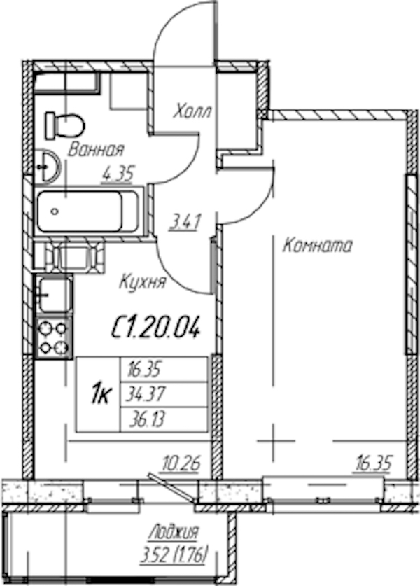 1-комнатная квартира 36.13 м², 20/22 эт., ЖК «Парк-квартал Юнтолово»